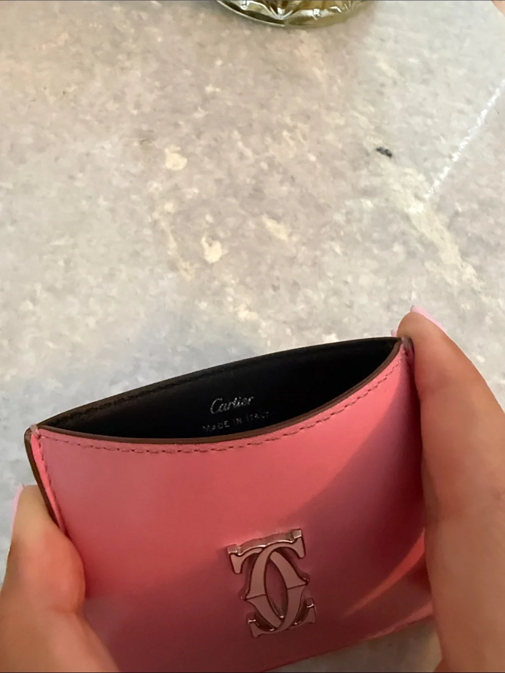 Cartier Pink Leather Card Case with Gold Double C Logo